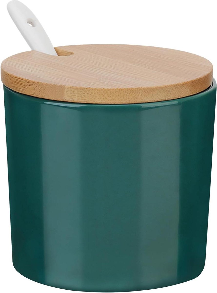 Suikerpot keramische suikerkom met deksel en lepel - suikercontainer met bamboe deksel en lepel voor koffiebar - suikerdispenser pot kruiden zoutpot voor keuken 230 ml groen