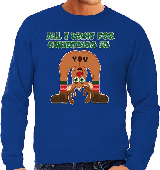 Bellatio Decorations Foute Kersttrui/sweater voor heren - All I Want is - blauw - blote kont - rendier S