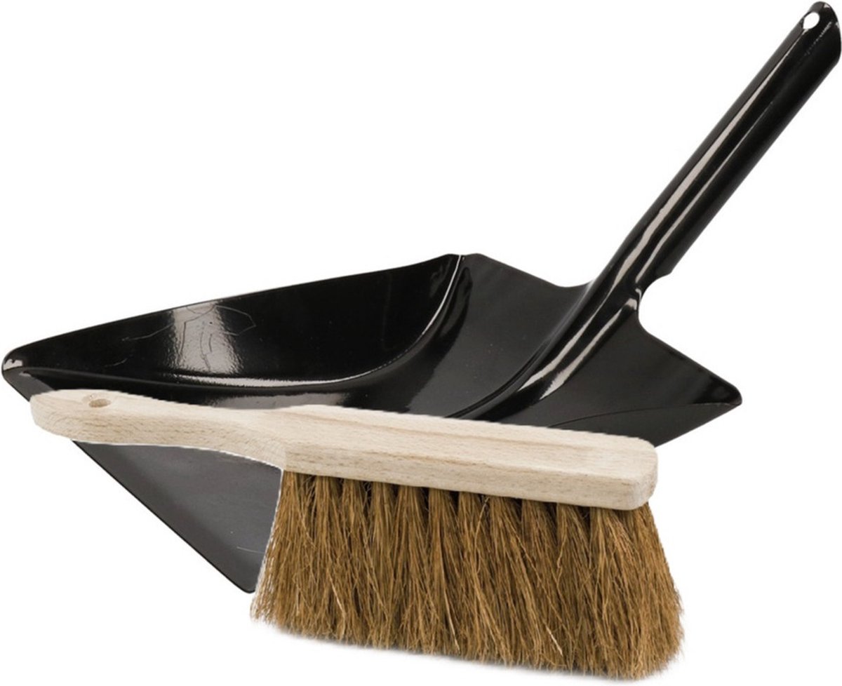 Goedkoopste Stoffer en Blik set Thor - voor buiten - blik van metaal - zwart - 38 x 23 cm - borstel hout van 28 cm - Kokos vezels