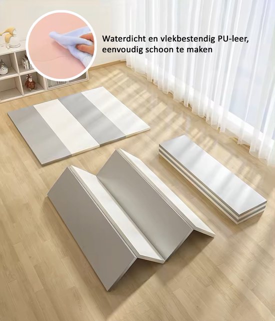 Grijze en witte speelmat van waterdicht PU-leer, gemakkelijk schoon te maken.