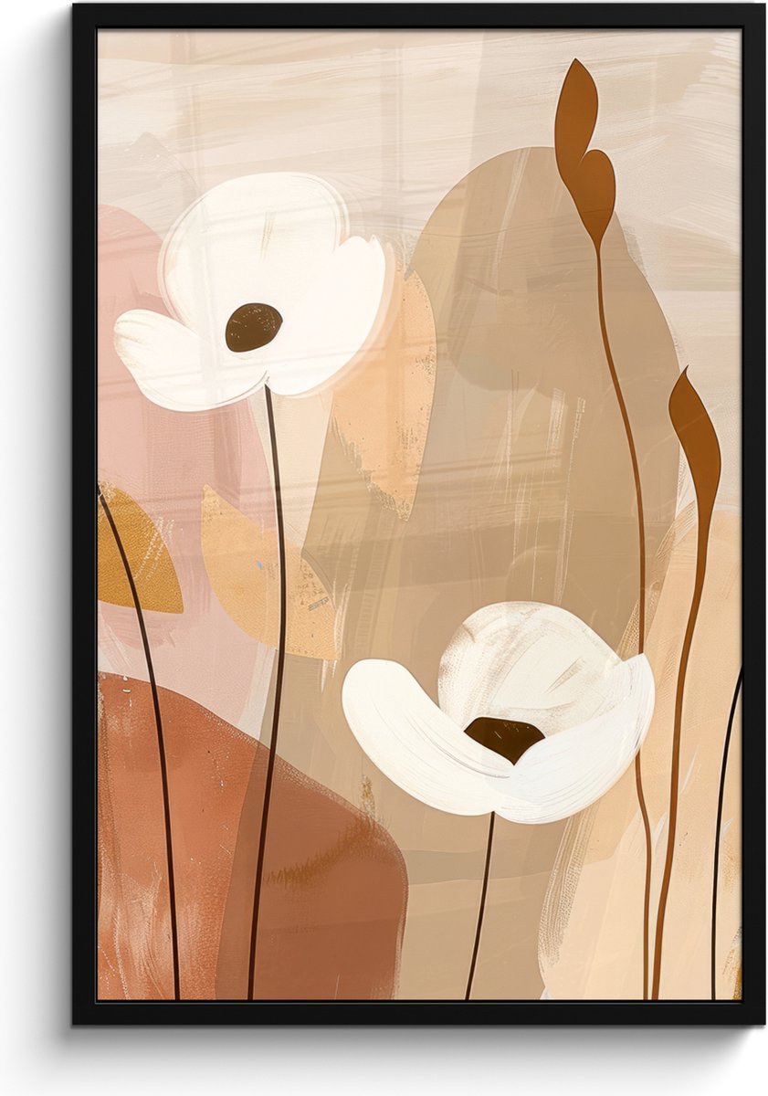 FrameYourWall Poster in lijst - Fotolijst 60x90 cm - Posters - Bloemen - Abstract - Beige - Line art - Posterlijst zwart - Decoratie - Wanddecoratie woonkamer - Muurdecoratie slaapkamer