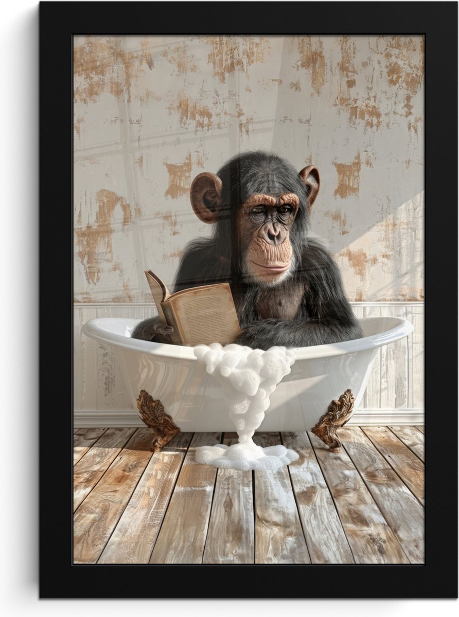 FrameYourWall Poster in lijst - Fotolijst 20x30 cm - Posters - Vintage - Aap - Badkuip - Schuim - Dier - Posterlijst zwart - Wanddecoratie badkamer - Muurdecoratie WC - Decoratieve accessoires - Toilet muur decoratie