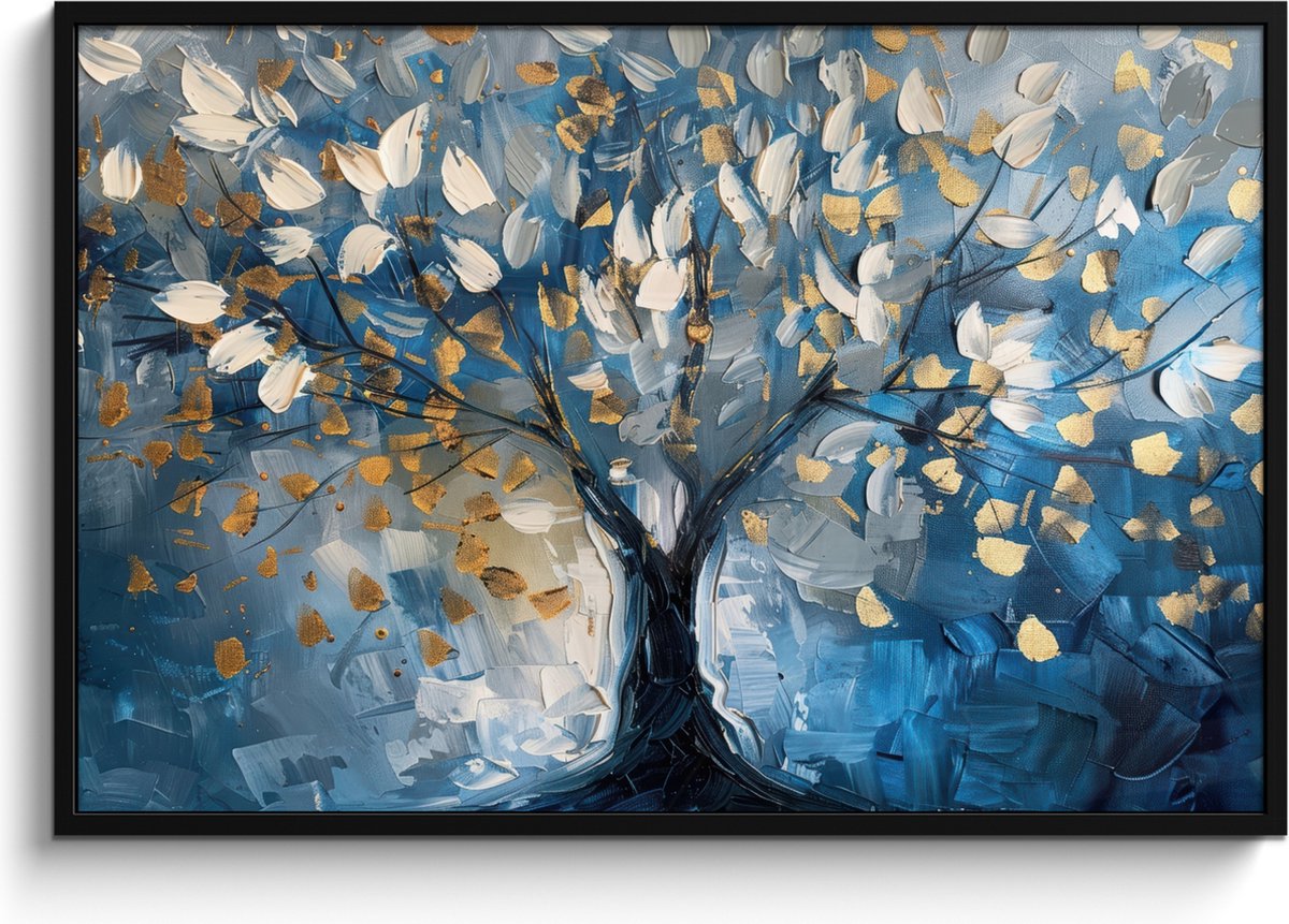 FrameYourWall Poster in lijst - Fotolijst 120x80 cm - Posters - Boom - Blauw - Goud - Abstract - Posterlijst zwart - Decoratie - Wanddecoratie woonkamer - Muurdecoratie slaapkamer Blauw - Levensboom
