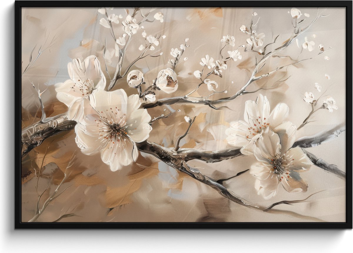 FrameYourWall Poster in lijst - Fotolijst 120x80 cm - Posters - Bloemen - Natuur - Wit - Bloesem - Abstract - Posterlijst zwart - Decoratie - Wanddecoratie woonkamer - Muurdecoratie slaapkamer