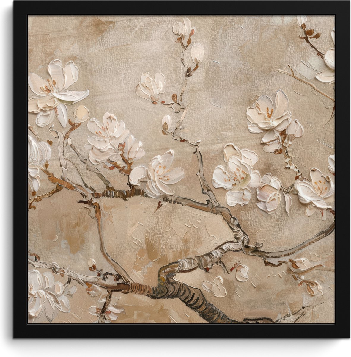 FrameYourWall Poster in lijst - Fotolijst 40x40 cm - Posters - Bloemen - Modern - Beige - Wit - Bloesem - Posterlijst zwart - Decoratie - Wanddecoratie woonkamer - Muurdecoratie slaapkamer