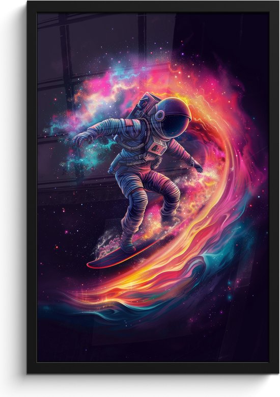 Poster in lijst - Fotolijst 40x60 cm - Posters - Astronaut - Ruimte - Surfen - Kleurrijk - Posterlijst zwart - Wanddecoratie tienerkamer - Kamer decoratie voor tieners - Tiener jeugdkamer accessoires