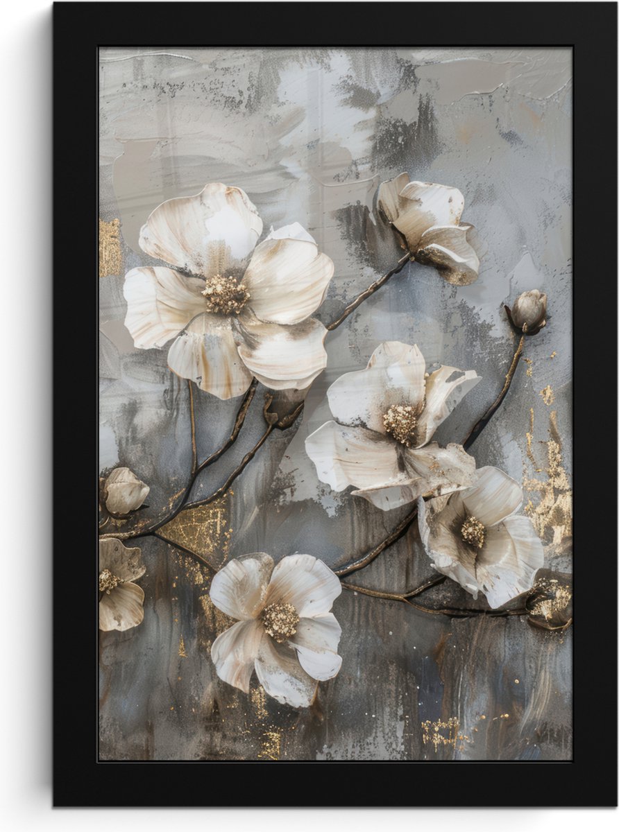 FrameYourWall Poster in lijst - Fotolijst 20x30 cm - Posters - Bloemen - Wit - Grijs - Goud - Luxe - Posterlijst zwart - Decoratie - Wanddecoratie woonkamer - Muurdecoratie slaapkamer