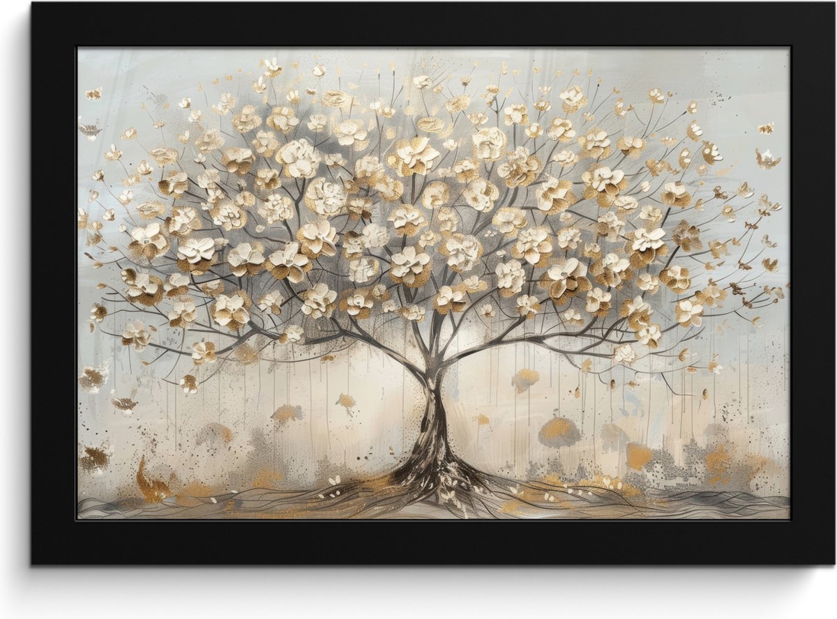 FrameYourWall Poster in lijst - Fotolijst 30x20 cm - Posters - Boom - Beige - Goud - Verflook - Grijs - Posterlijst zwart - Decoratie - Wanddecoratie woonkamer - Muurdecoratie slaapkamer Pastel - Goud