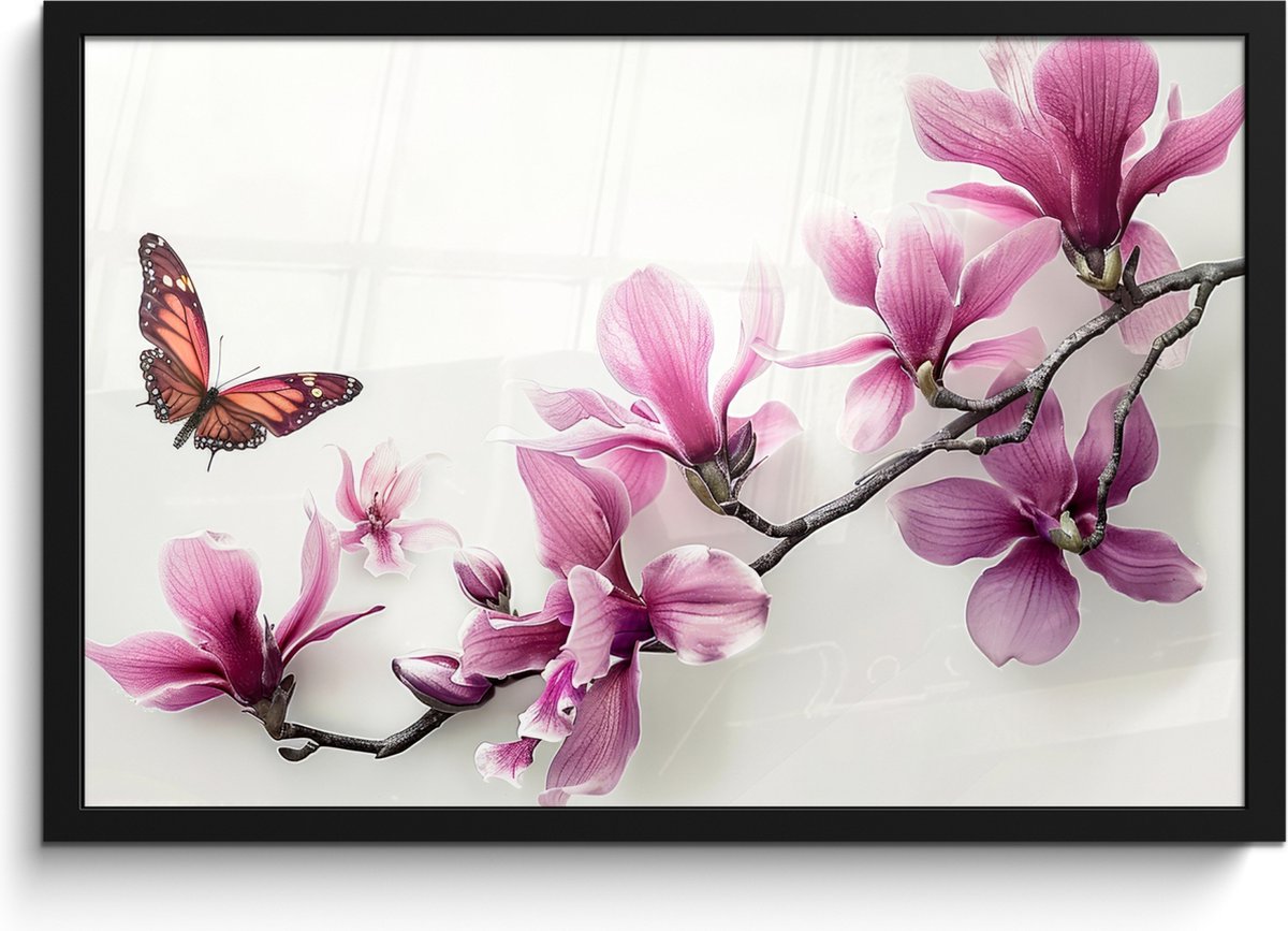 FrameYourWall Poster in lijst - Fotolijst 60x40 cm - Posters - Bloesem - Vlinder - Roze - Natuur - Wit - Posterlijst zwart - Wanddecoratie badkamer - Muurdecoratie WC - Decoratieve accessoires - Toilet muur decoratie Bloem - Vlinder