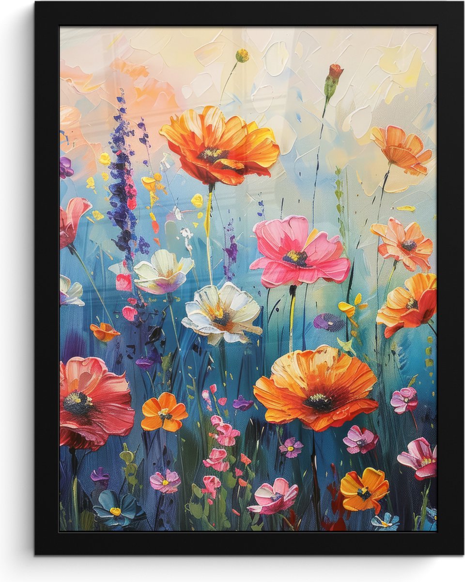 FrameYourWall Poster in lijst - Fotolijst 30x40 cm - Posters - Bloemen - Natuur - Waterverf - Kunst - Posterlijst zwart - Decoratie - Wanddecoratie woonkamer - Muurdecoratie slaapkamer Weidebloemen