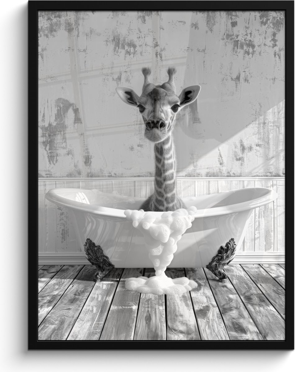 Poster in lijst - Fotolijst 60x80 cm - Posters - Giraffe - Dier - Badkuip - Vintage - Zwar