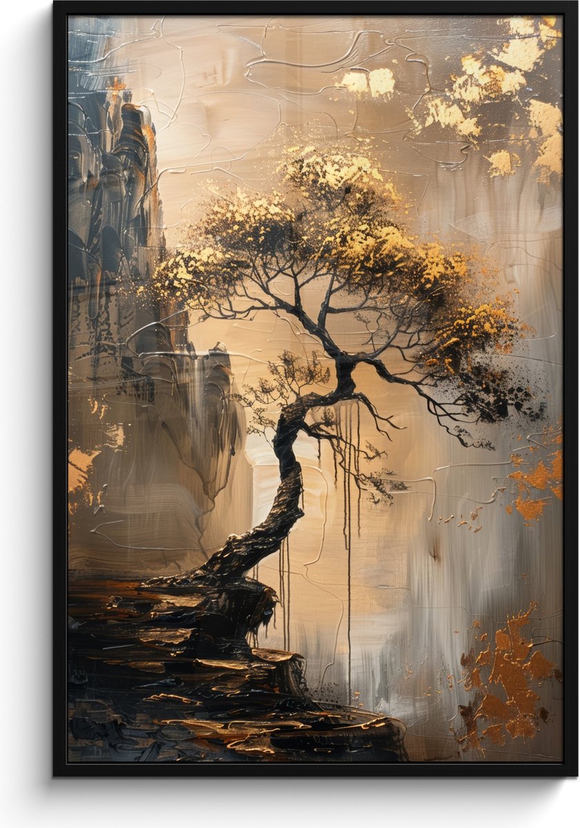 FrameYourWall Poster in lijst - Fotolijst 80x120 cm - Posters - Boom - Goud - Landschap - Verf - Posterlijst zwart - Decoratie - Wanddecoratie woonkamer - Muurdecoratie slaapkamer