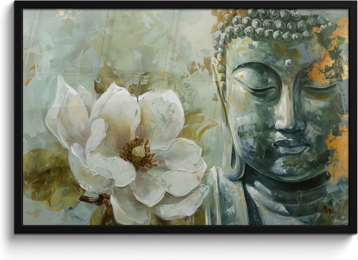 FrameYourWall Poster in lijst - Fotolijst 90x60 cm - Posters - Boeddha - Groen - Lotusbloem - Wit - Posterlijst zwart - Decoratie - Wanddecoratie woonkamer - Muurdecoratie slaapkamer