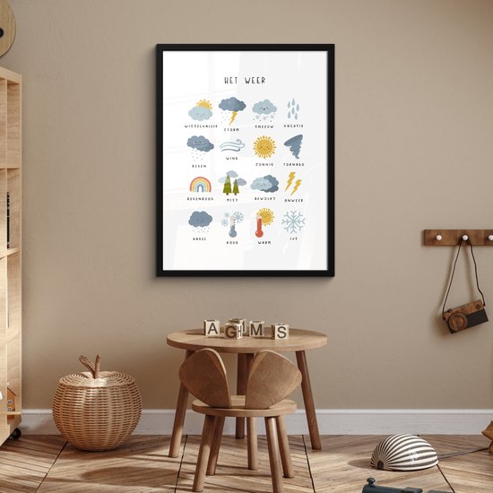 Poster in lijst - Fotolijst 60x80 cm - Posters - Het weer - Leren voor kinderen - Educatief - Regenboog - Zon - Posterlijst zwart - Kamer decoratie - Wanddecoratie kinderkamer - Muurdecoratie babykamer