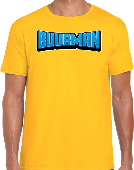 Gele t-shirt met blauwe 'BUURMAN' tekst in 3D-letters.
