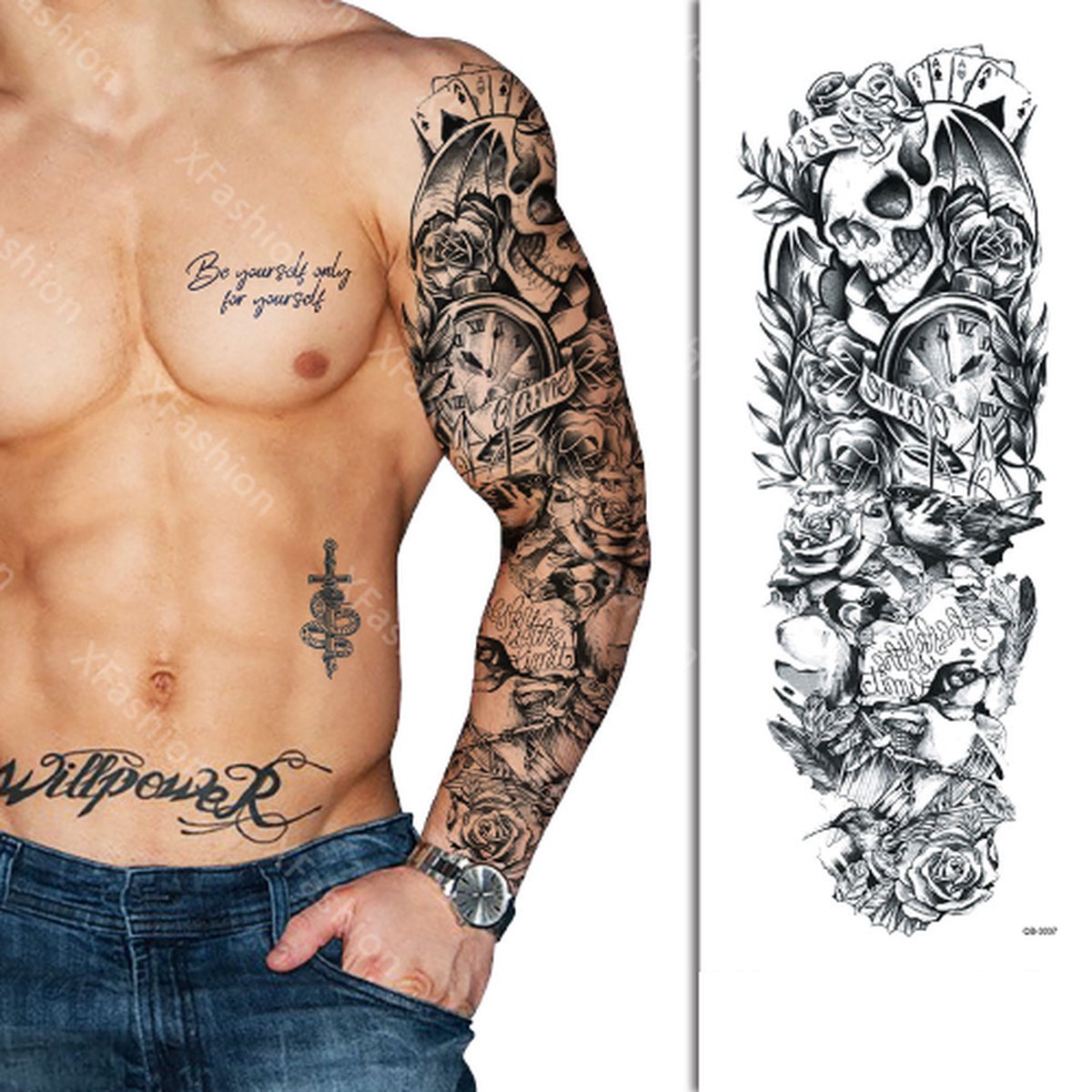 Tattoo Sleeve - Schedel Bloemen Rozen Klok - Neptattoo Lichaam en Gezicht - Tijdelijke Henna Plak Tattoos - Nep Tatoeage - Fake Temporary Tattoo - Festival Make-up Outfit Volwassenen Kinderen