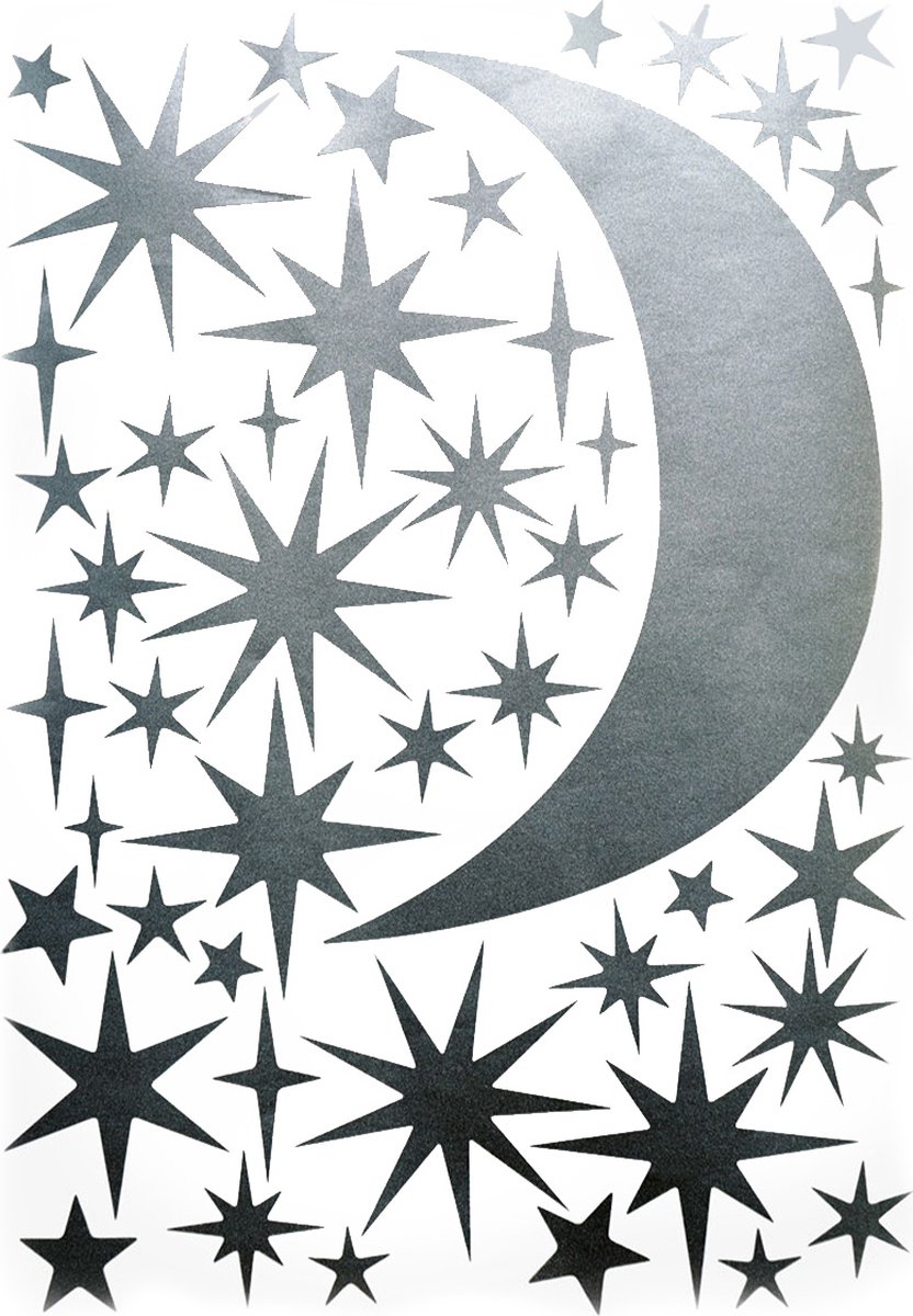 Sterren en Maan Zilver muursticker | Voor Baby- & Kinderkamer | Geproduceerd in NL | Eigen Ontwerp | Hartendief Design | Muursticker | Sticker voor muur | Decoratiesticker | Herbruikbaar | Geprint op herplaatsbare stickerfolie