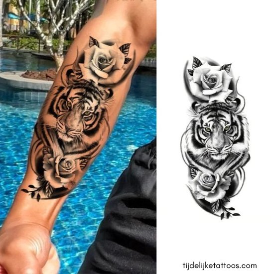 Bengaalse tijger met twee rozen tattoo - neptattoo volwassenen - tijdelijke tattoo - plak tattoo vrouwen - sleeve tattoo - temporary tattoo - verwijderbare tatoeages - nep fake tattoos