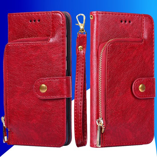 Étui adapté pour iPhone 16 Pro Max - Bookcase - Cordon - Porte-cartes - Portefeuille - Fermeture éclair - Simili cuir - Rouge