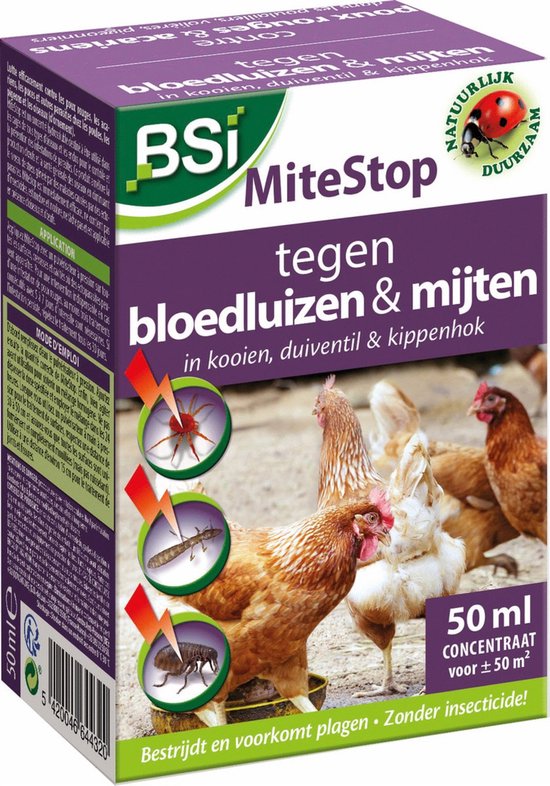 Foto: Bsi mitestop bestrijding van rode bloedluizen mijten en andere parasieten bij kippen duiven en vogels 50 ml concentraat voor 50 m 