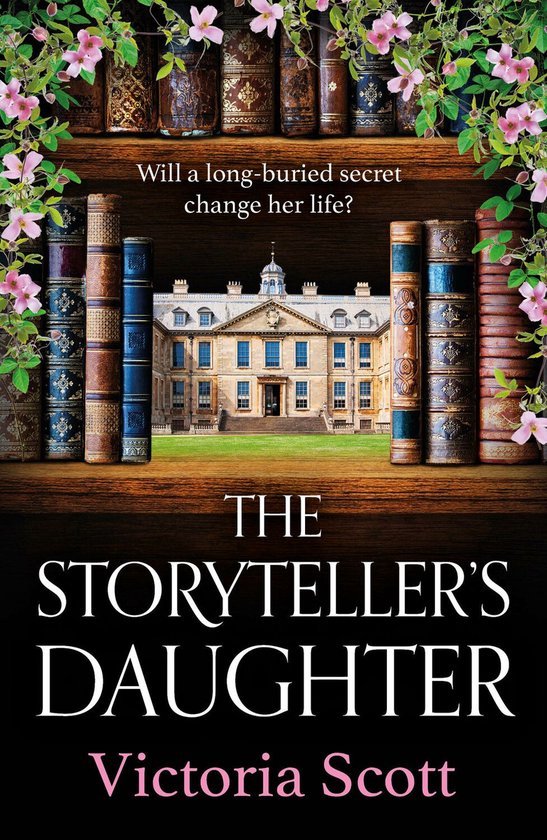 Boekcover van 'The Storyteller's Daughter' met een landhuis en boekenplanken vol boeken.