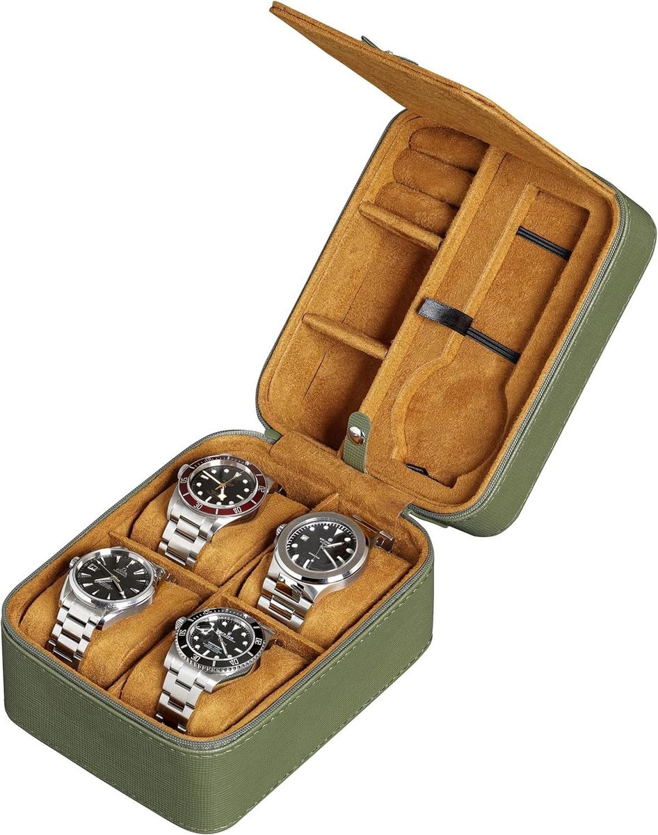 Horloge organizer opbergen - 5 horloges - robuust - draagbaar - ritssluiting - polshorloges - smartwatches - 50 mm - groen-lichtbruin