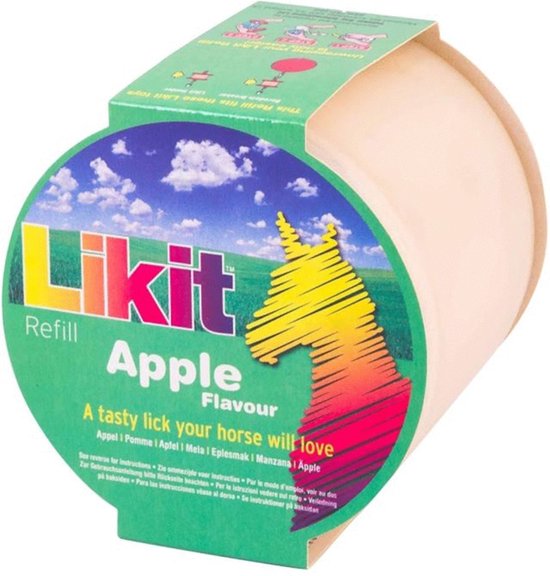 Groene Lickit refill met appelsmaak en gele paardenkop-illustratie.
