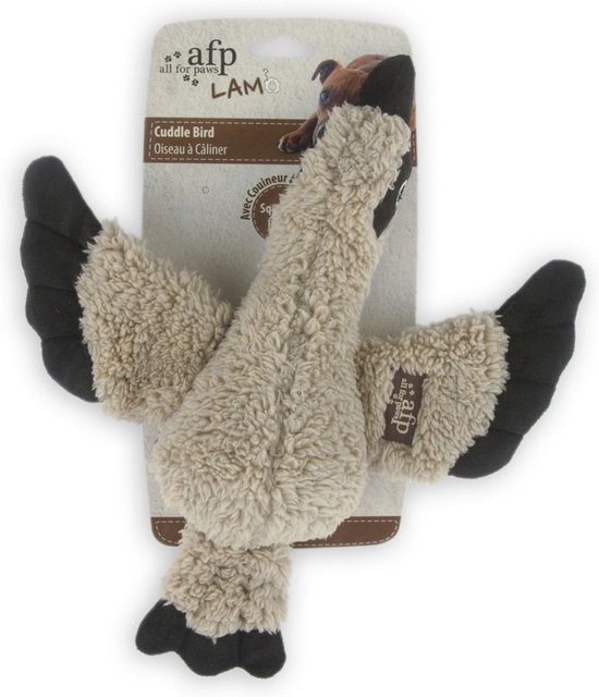 Bruin en zwart vogelknuffel met wiebelende poten en vleugels. Met 'all for paws LAM' logo.