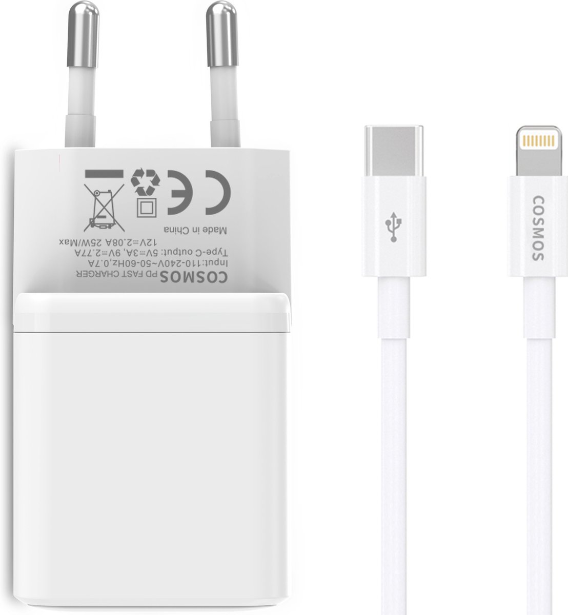 COSMOS® 20W oplader USB C - Snellader oplader met Lightning kabel - Geschikt voor Apple iPhone oplader en iPad - Power Adapter 20W snellader met Oplaadkabel