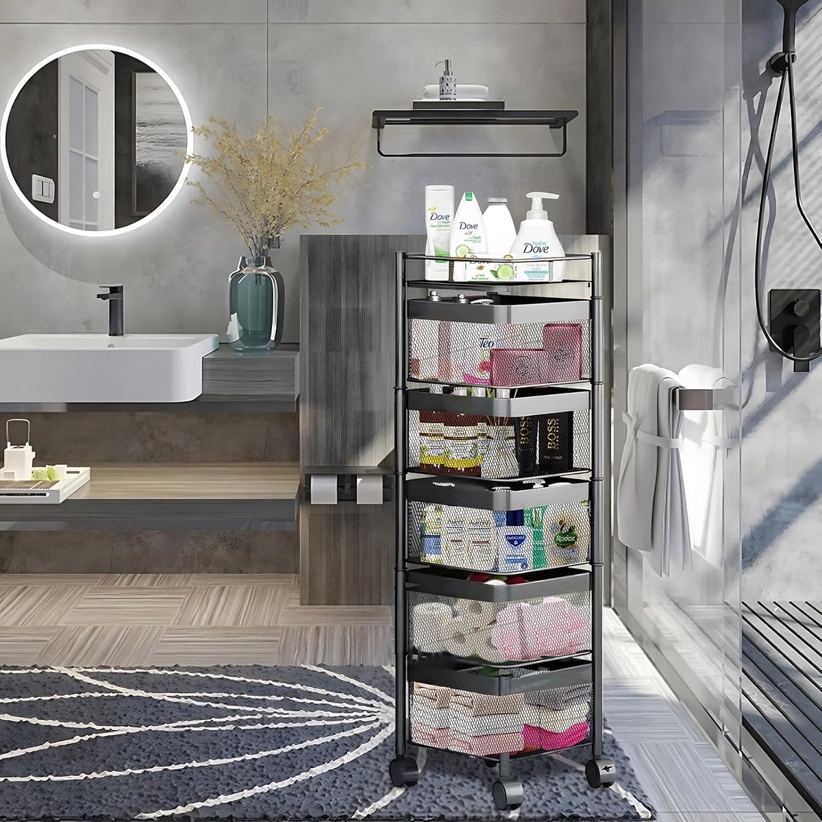 HshDUti Snackkar met wielen, 5-Tier Fruit Groente Mand Fruitmand Keuken Pantry Organisatoren en opslag, Metalen Draad Opbergkar Rolling Pantry Utility Keuken Winkelwagen Zwart 5-Lagen
