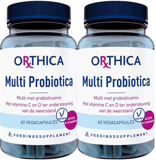 Twee potten Orthica Multi Probiotica met 60 vegacapsules elk, voor de weerstand.