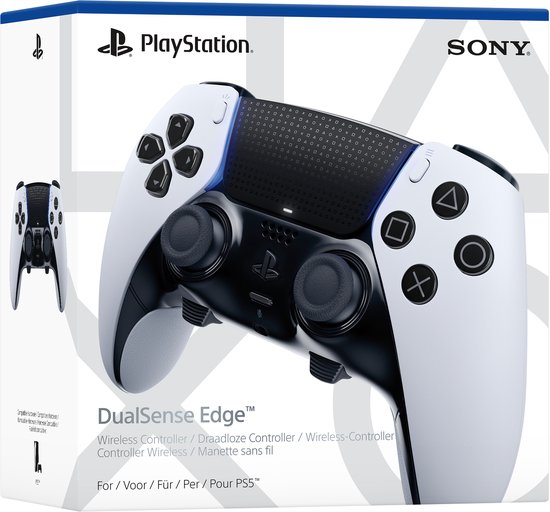 Verpakking van de witte DualSense Edge controller met een afbeelding van de controller erop.