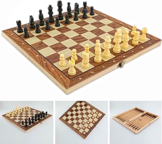 Foto: Ibbo 3 in 1 schaakbord backgammon dambord 8x8 schaakspel opklapbaar bord hout chess king 24 cm