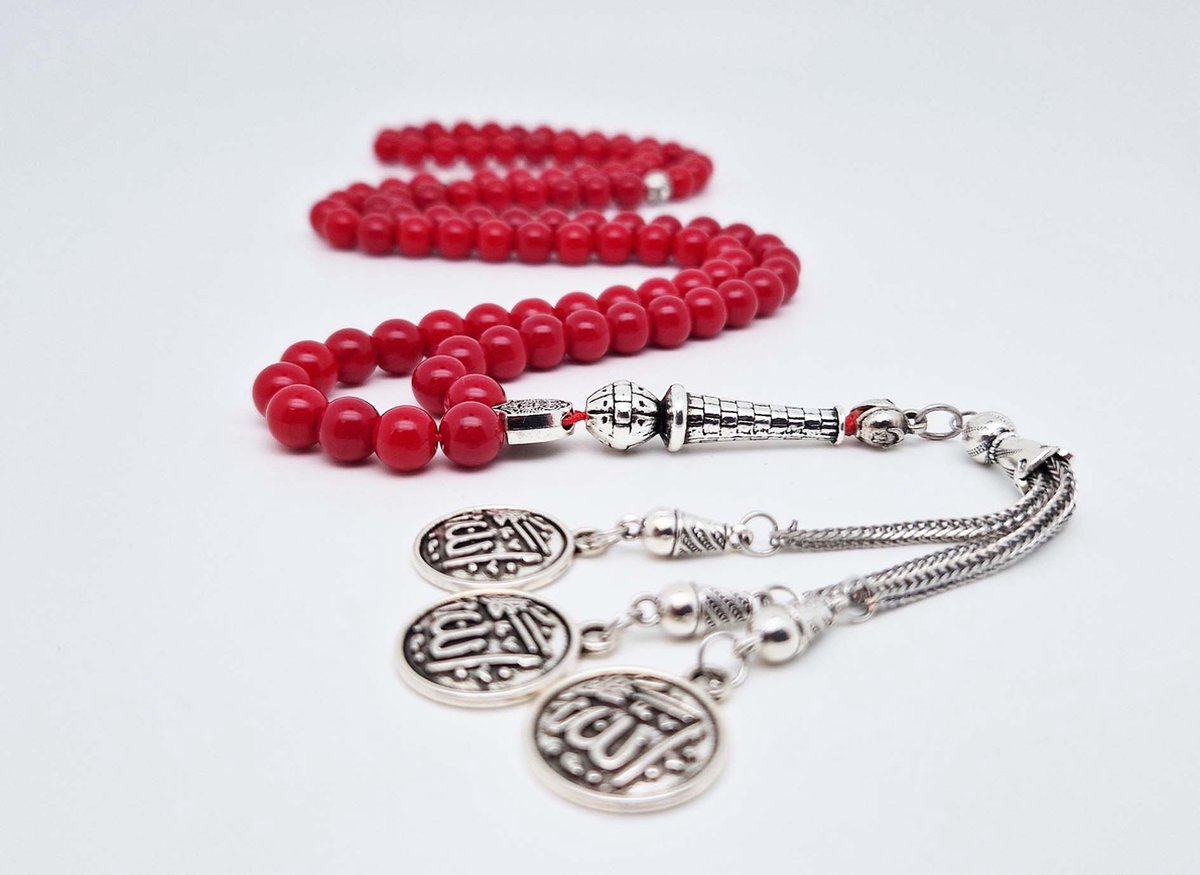 Handgemaakte tesbih natuursteen "Bloedkoraal" - Aantal kralen 99 - Diameter kralen 8MM - met metaal tassel "Allah jala jalaluh" - Een mooi cadeau-idee