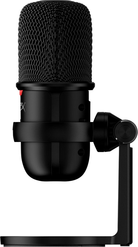 Zwarte USB-microfoon met gaasfront en een verstelbare houder aan een standaard.