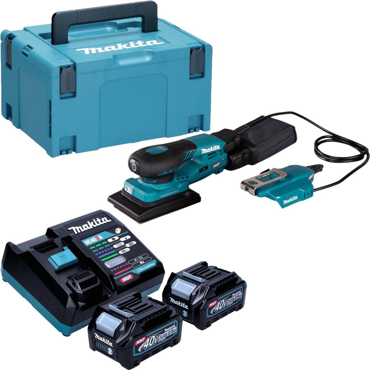 Makita BO 005 CGD201 Accuschuurmachine 40 V max. 80 x 130 mm 3,0 mm slag Borstelloos + 2x accu 2,5 Ah + lader + Makpac