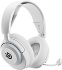 Witte SteelSeries Arctis Nova 5P gaming koptelefoon met microfoon op een zwarte achtergrond.