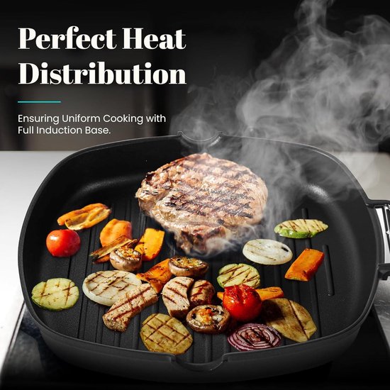 WECOOK! Ecostone Grillpan voor inductie, golvend, 20 x 20 cm, anti- aanbaklaag, milieuvriendelijk, PFOA-vrij, gegoten aluminium, dikte 5 mm, inklapbare houten handgreep, glaskeramiek, gas
