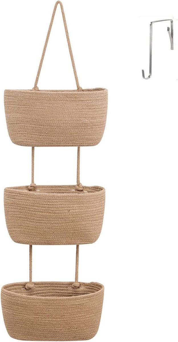 Wandorganizer met 3 Niveaus - Premium Linnen Hangorganizer - Katoenen Touw - Ruimtelijke Opbergtas voor Slaapkamer en Woonkamer - Geel