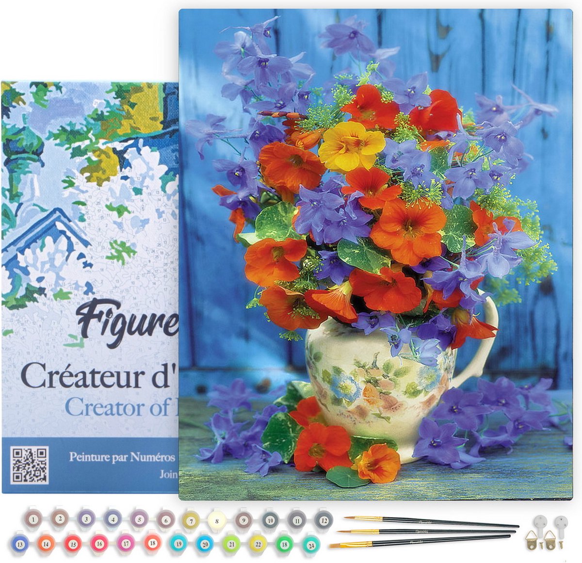Figured'Art Schilderen op Nummer Volwassenen met lijst - Oranje en paars boeket - Handwerk acrylverf Kit DIY Compleet - 40x50cm Canvas al ingelijst