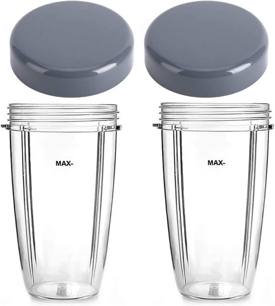 Twee doorzichtige 24 OZ blenderbekers met MAX-markering en twee donkergrijze deksels.