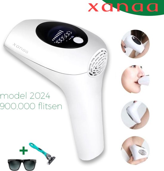 XANAA - IPL laser ontharingsapparaat - Voor mannen en vrouwen - 8 verschillende standen - Meer dan 900000 flitsen - Ice cool functie - Beschermbril - Scheermesje - Permanent haarvrij -Haar Verwijderaar- Lichtontharing - Ontharinglaser