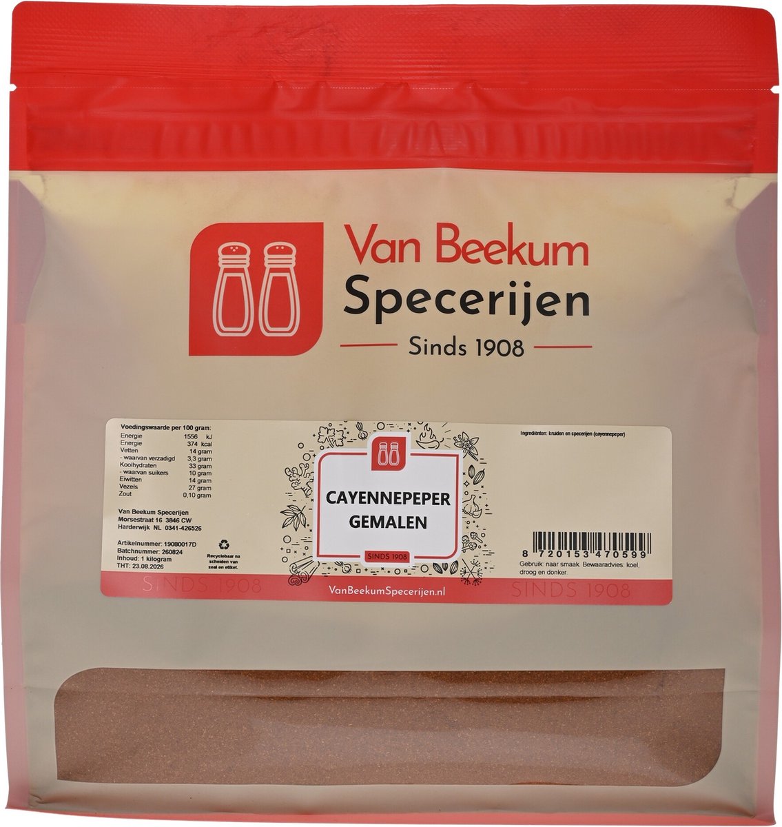 Goedkoopste Van Beekum Specerijen - Cayennepeper Gemalen - 1 KG (hersluitbare stazak