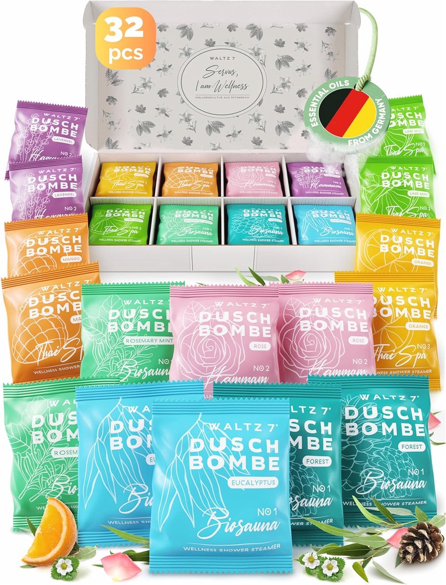 Aromatherapie Douche Bommen Set - 32 Stuks met 8 Natuurlijke Geuren voor Wellness en Ontspanning