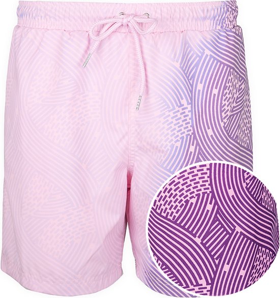 Roze zwembroek met paars golvend patroon op de helft, met trekkoord. Zoom toont detail.