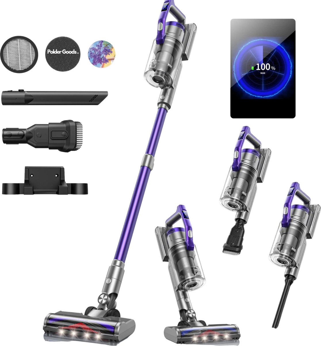Steelstofzuiger zonder zak op accu - Vacuum cleaner - Steelstofzuigers draadloos met 4 verschillende opzetstukken - 38 kPa/450 W - Donker blauw