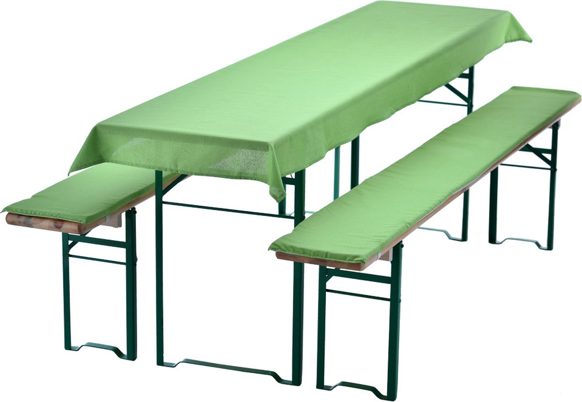 Bierbankkussens Set 240x70 cm Groen - 1x Tafellaken voor 220x50 cm tafels & 2x Gevoerde kussens voor 220x25 cm banken