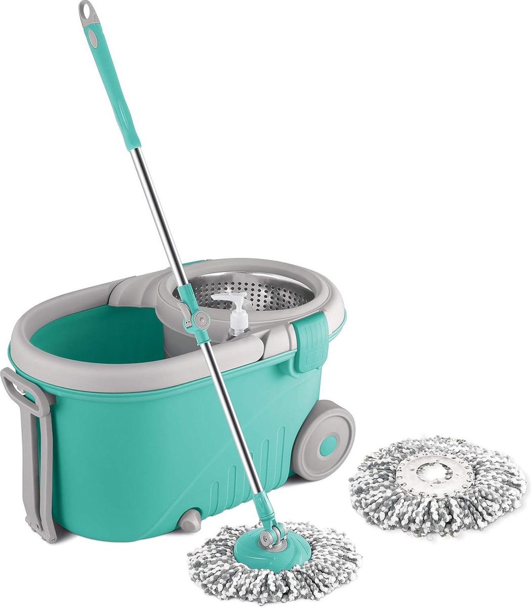 Goedkoopste Spin Mop Emmer op Wielen Uitschuifbaar Handvat - Stalen Wringer Set - 360 Draaibare Mop Vloer Reiniging & Dweilen Systeem met Vloeibare Dispenser - Inclusief 2 Microfiber Vullingen