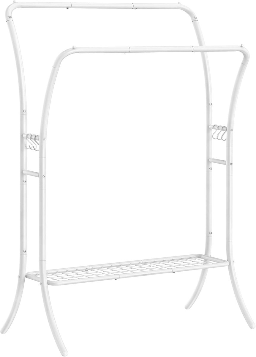 FurnStar - Kledingrek - kledingstang - 2 garderobestangen - kapstokken - garderobe van metaal - 6 haken - plank - kledingopslag voor slaapkamer - woonkamer - wit