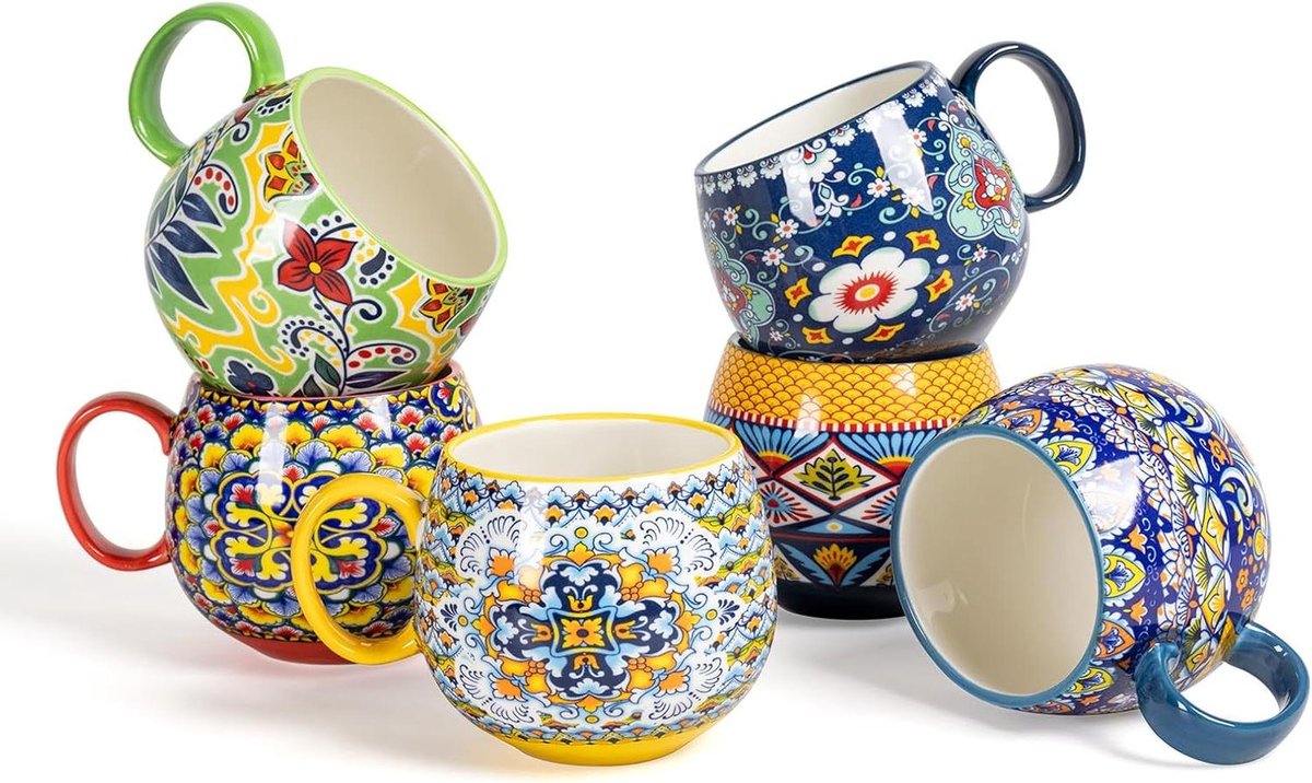 Cappuccino kopjes set 600ml porseleinen koffiekopjes met handvat 6 stuks voor thee koffie melk cappuccino Boheemse stijl met patroon kleurrijk koffiekopjes set van 6
